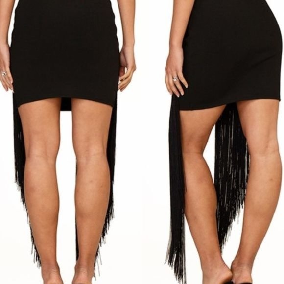 Callie Maxi Fringe: Statement Black Strapless Bandage Tube Mini Dress - Picture 4 of 4